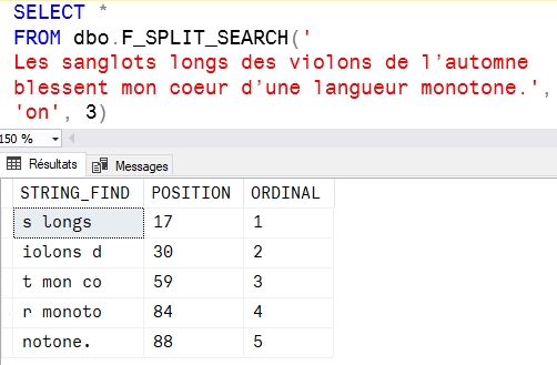 exemple d'utilisation de l'UDF dbo.F_SPLIT_SEARCH